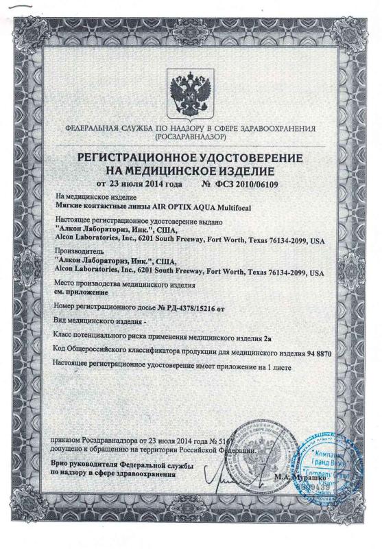 Регистрационное удостоверение на медицинское изделие Air Optix Aqua Multifocal
