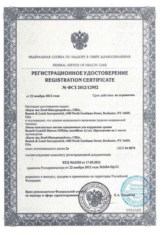 Регистрационное удостоверение Bausch + Lomb Biotrue OneDay